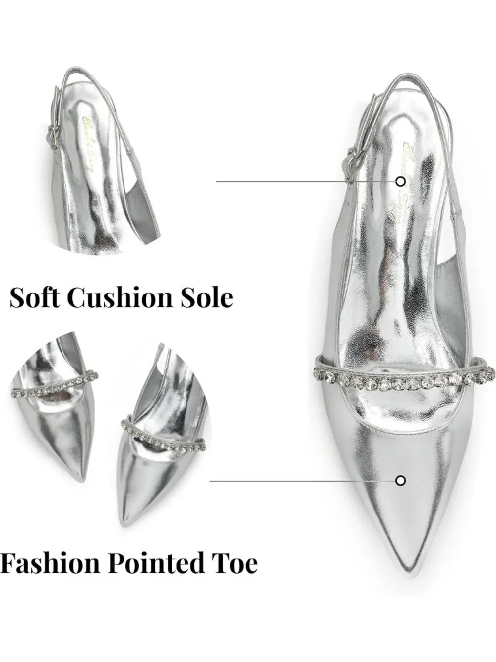 Women's Sliver Leather Slingback Flat Rhinestone Closed Pointed Toe Dressy Shoes